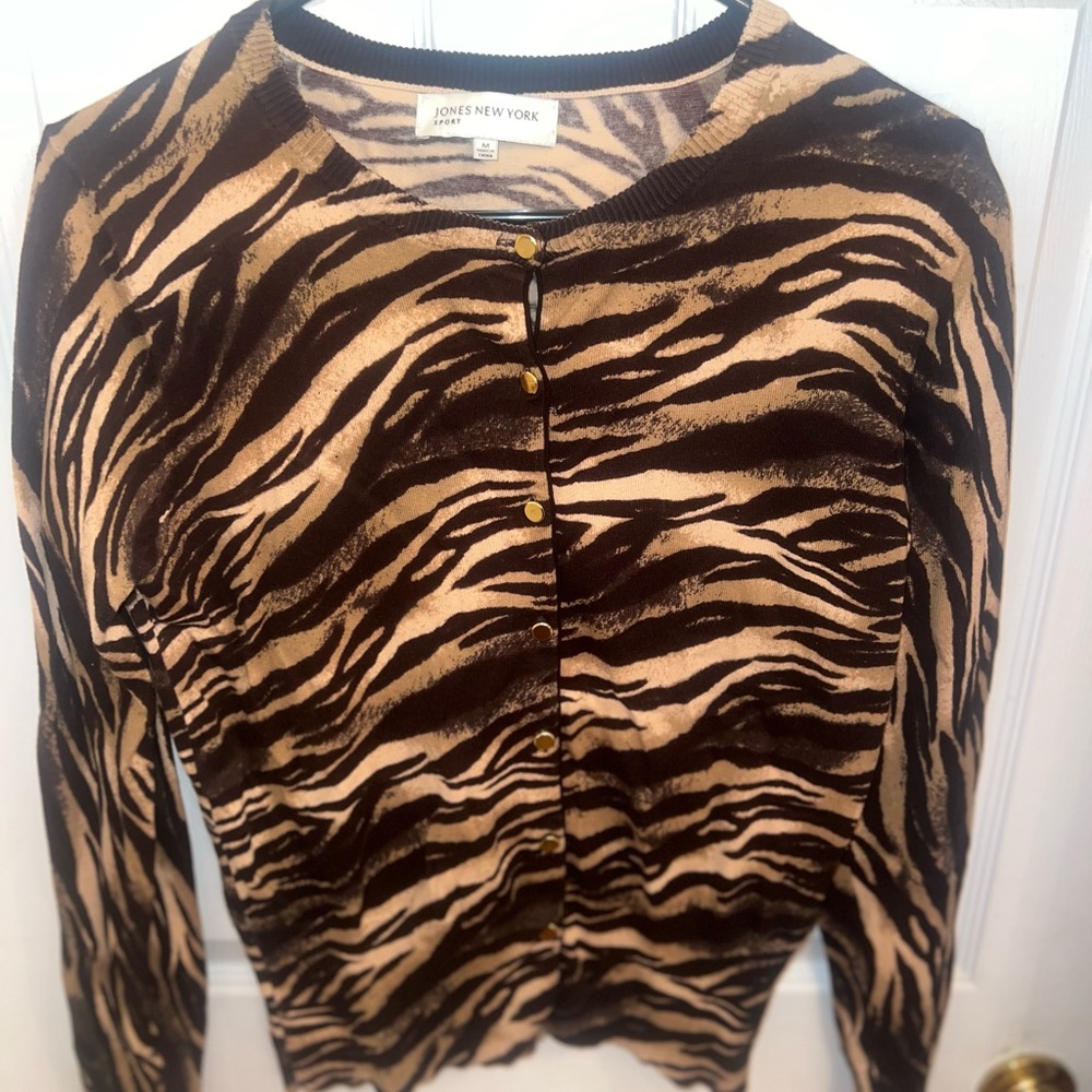 Jones New York Brown and Tan Zebra Print Cardigan